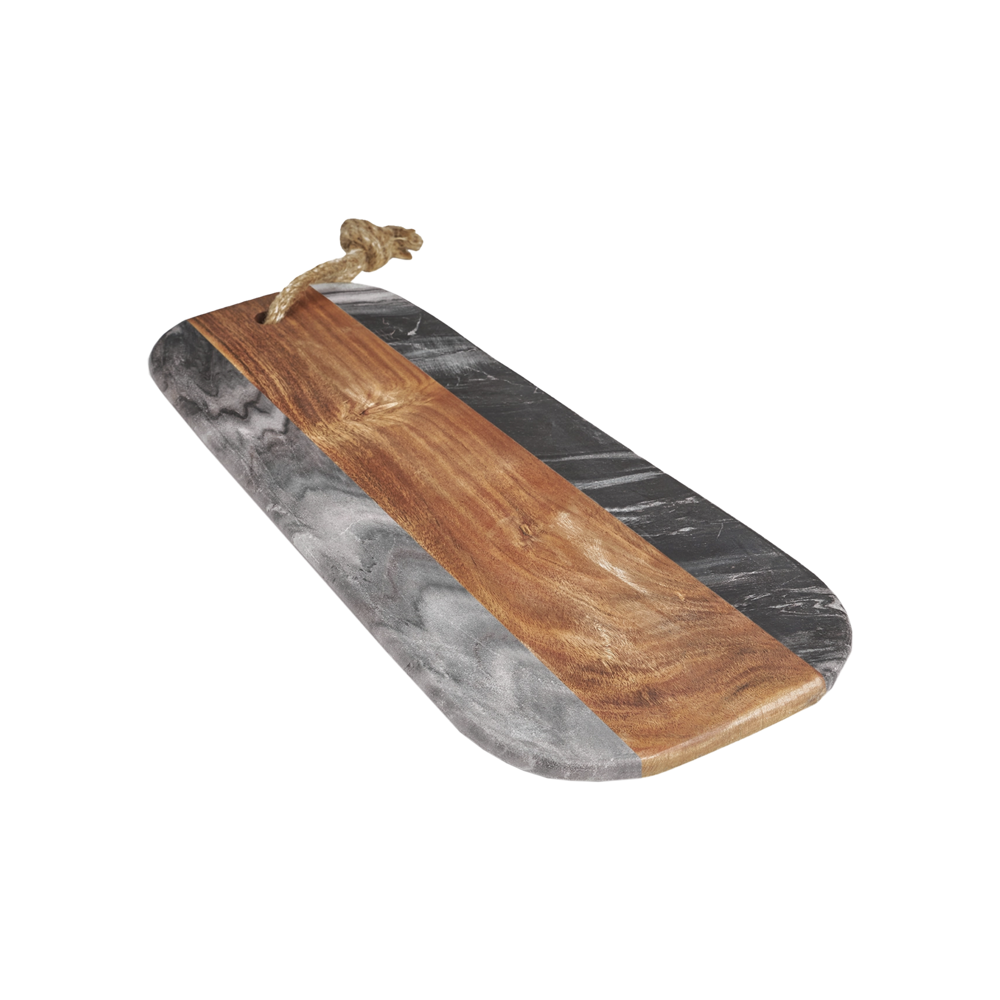 Wooden cutting board with marble-like finish and rope handle on a white background