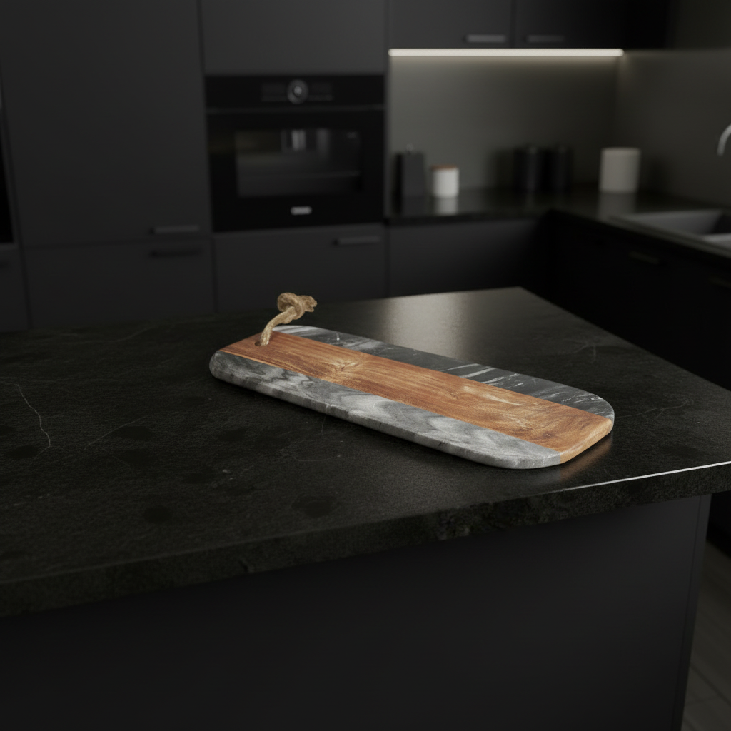 Wooden cutting board on a dark kitchen counter with blurred background