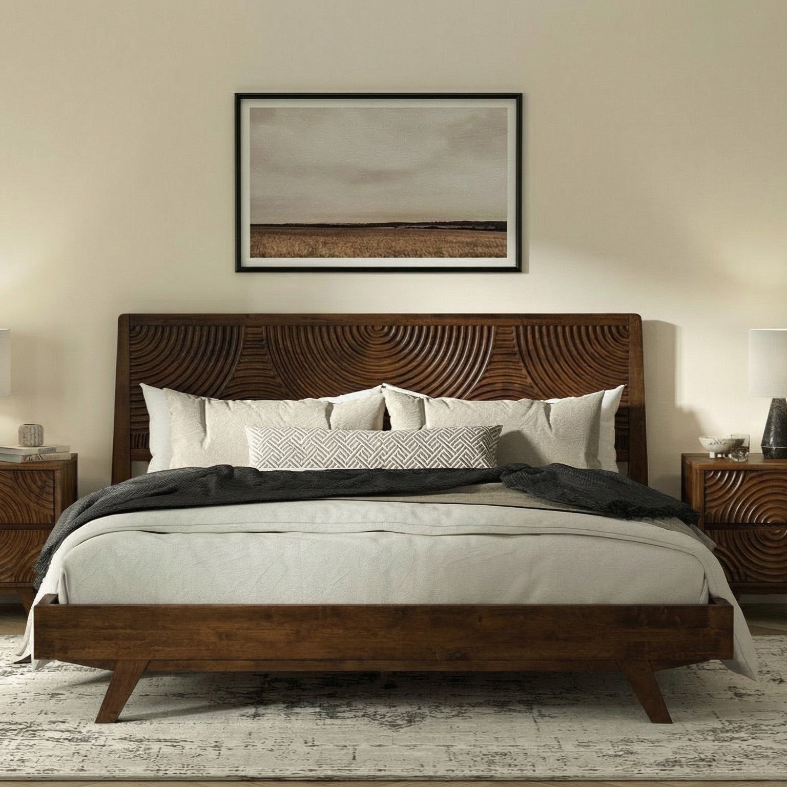 Wooden bed with decorative headboard in a bedroom setting