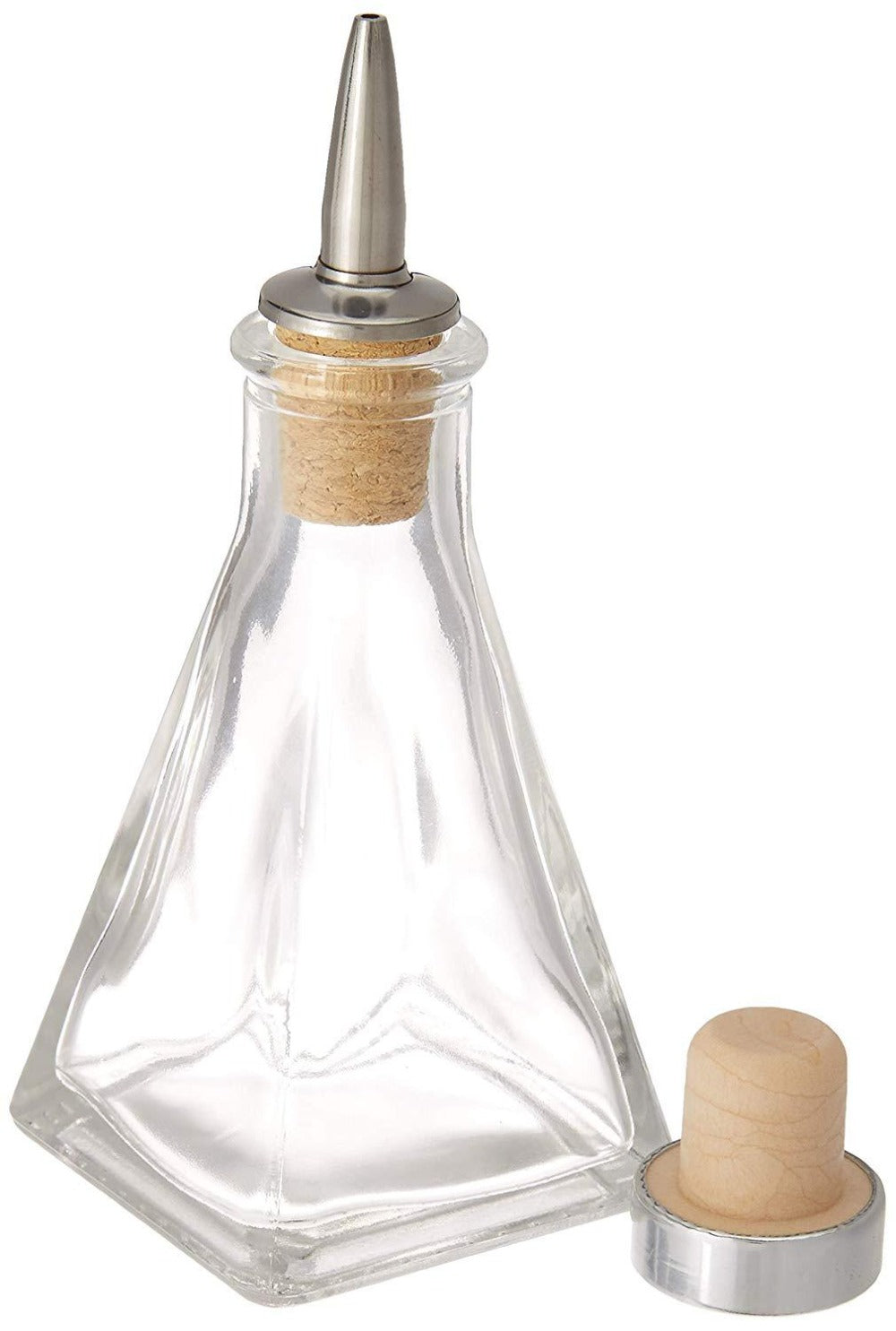 Clear glass bottle with wooden cap and metal nozzle on a white background