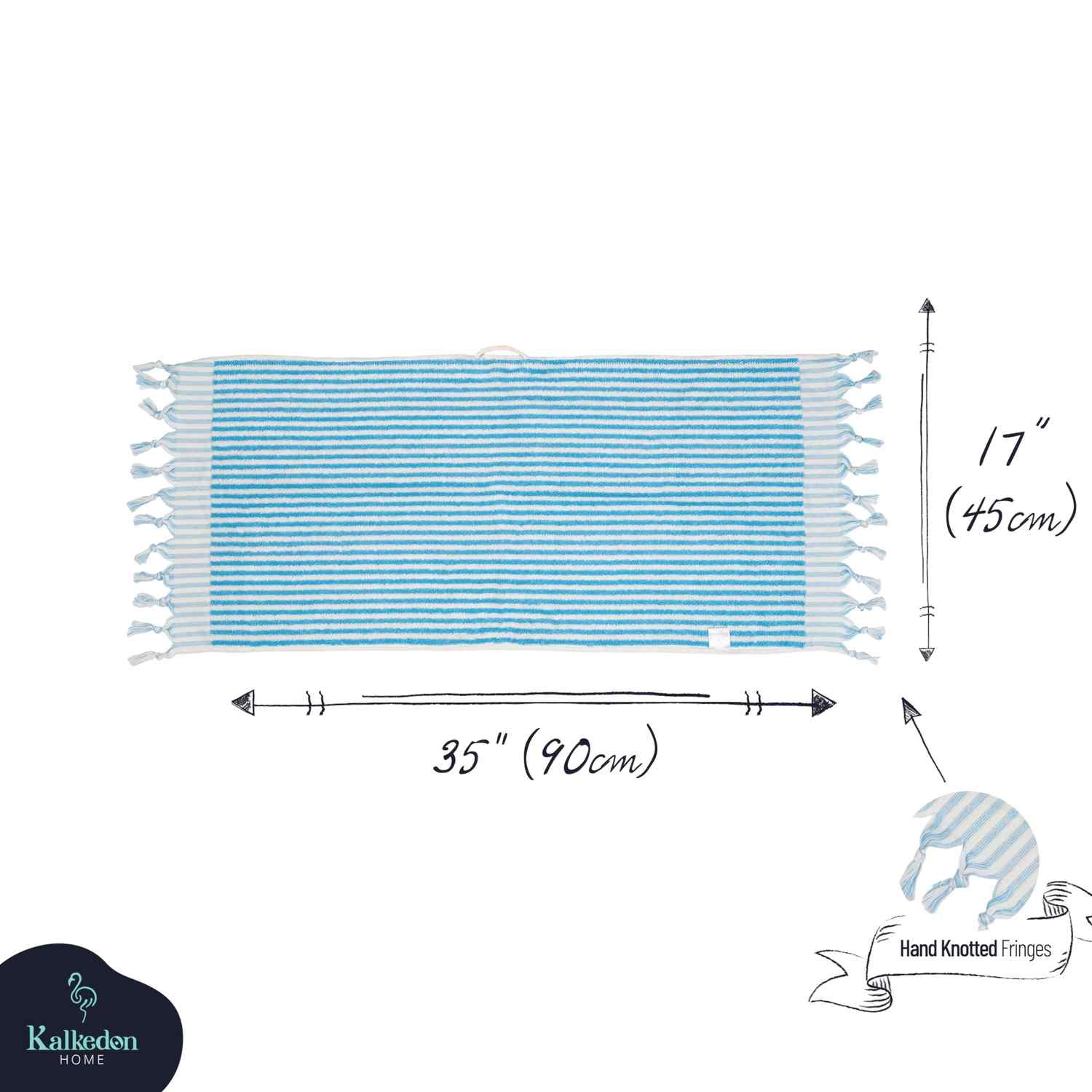 Turquoise striped hand towel with hand knotted fringes, 35x17 inches, displayed flat.