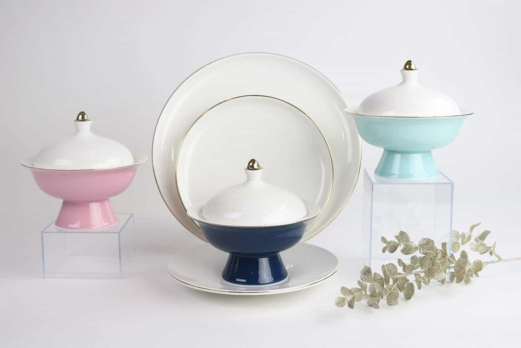 Elegant porcelain dinnerware set with pastel lidded bowls and plates on white background