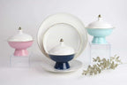 Elegant porcelain dinnerware set with pastel lidded bowls and plates on white background