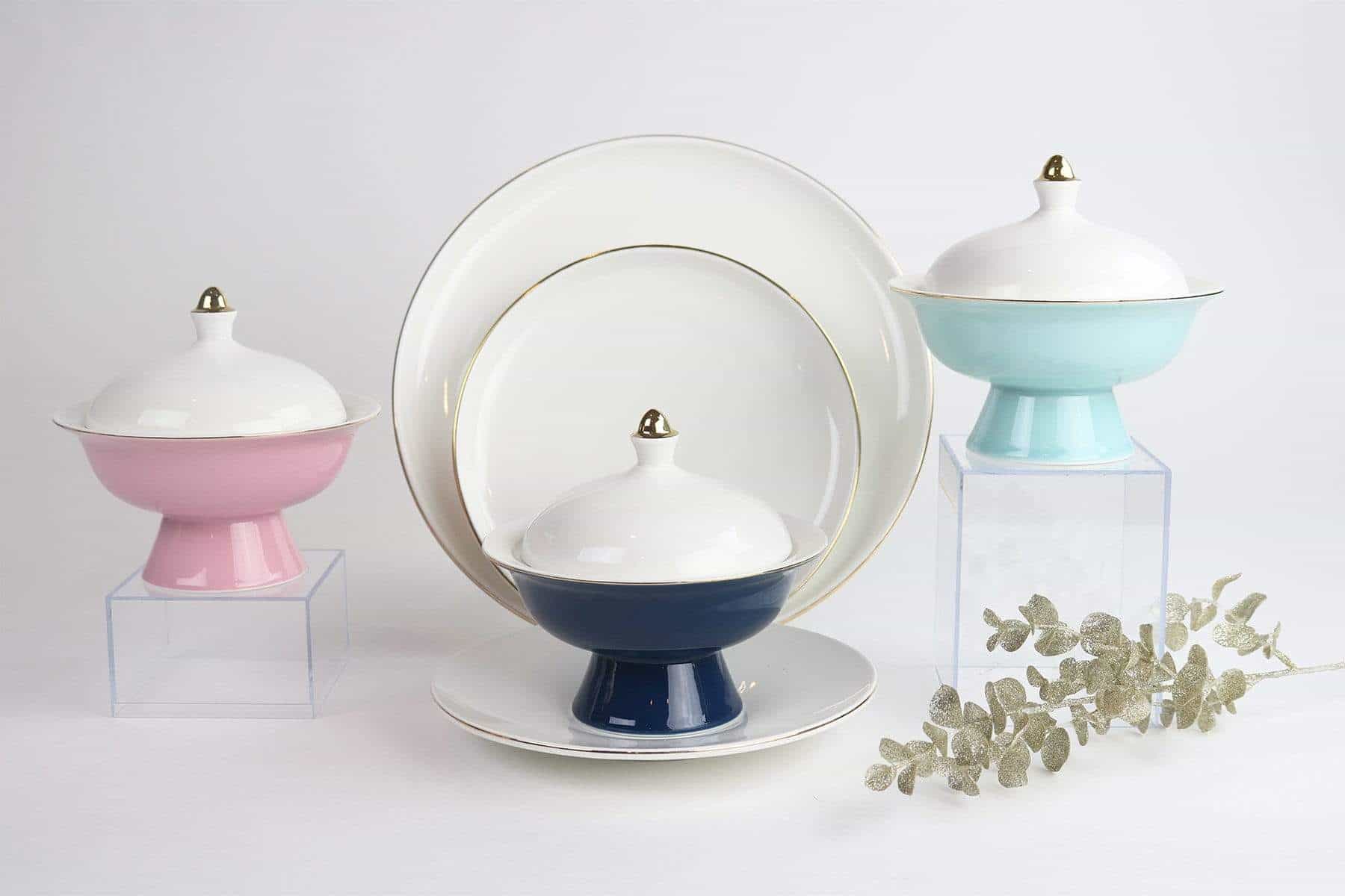 Elegant porcelain dinnerware set with pastel lidded bowls and plates on white background