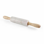 A marble rolling pin with a light natural wood handle and end caps, shown diagonally on a clean white background.