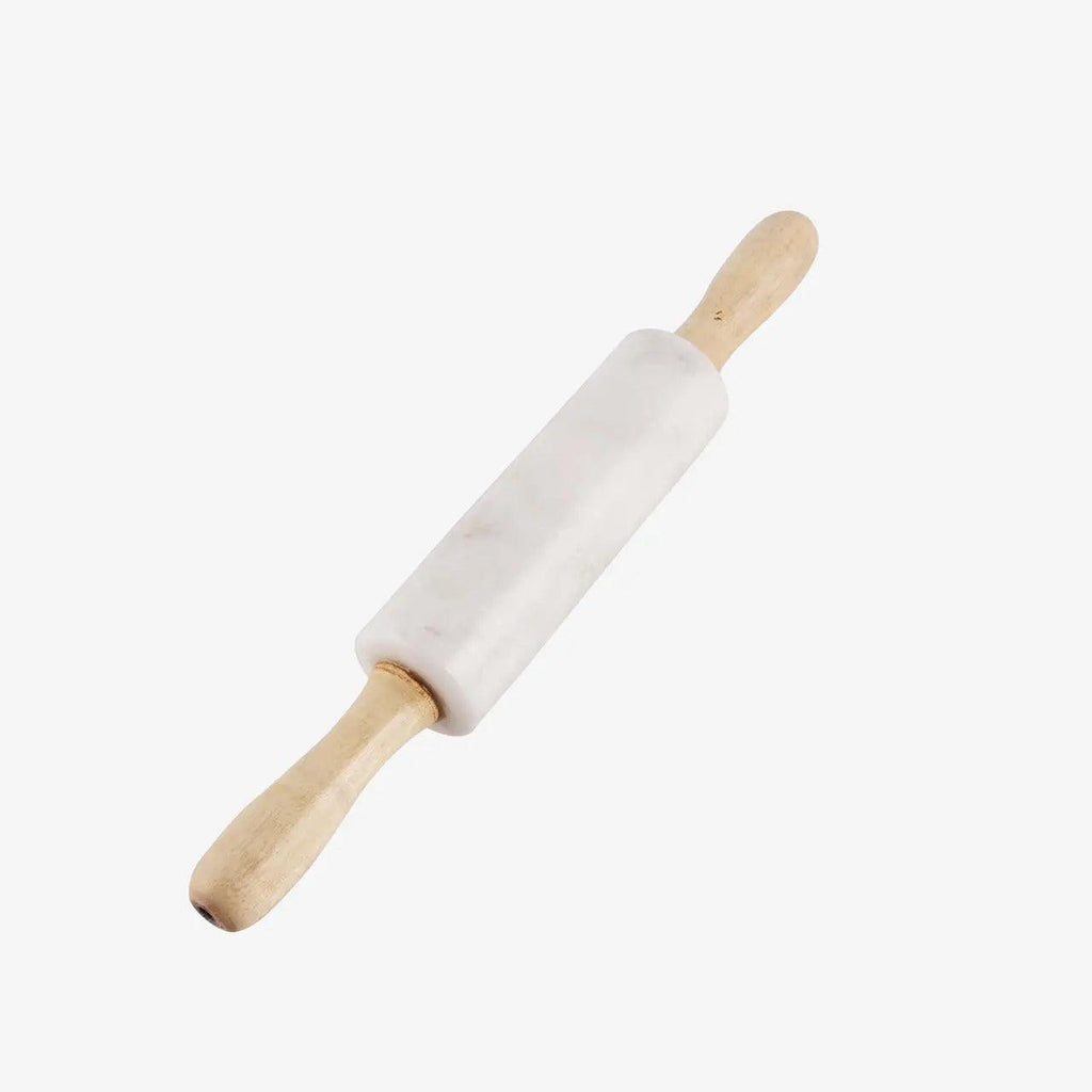 A marble rolling pin with a white marble barrel and light natural wood handles, shown diagonally on a solid white background.