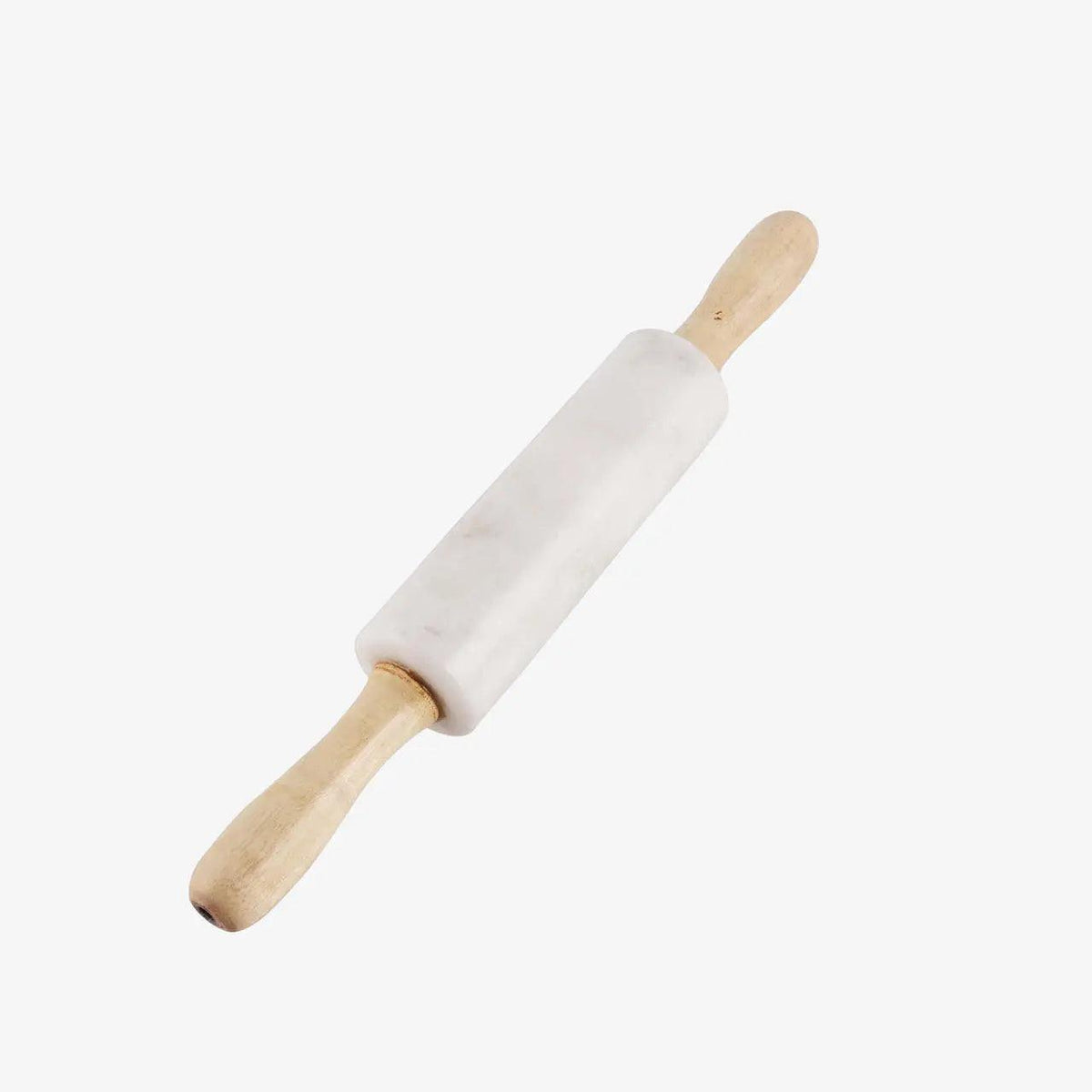 A marble rolling pin with a white marble barrel and light natural wood handles, shown diagonally on a solid white background.