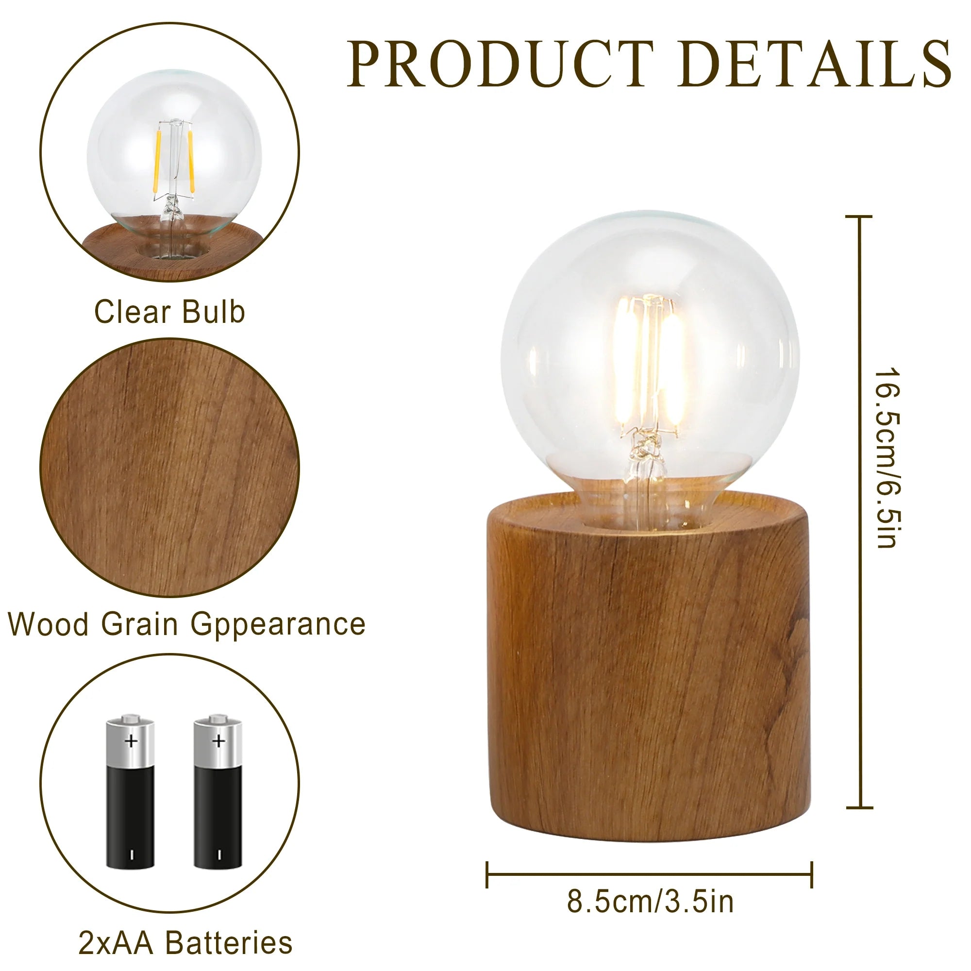 Tall Wood Grain Battery Powered Table Lamp 6.5" (Set of 2)