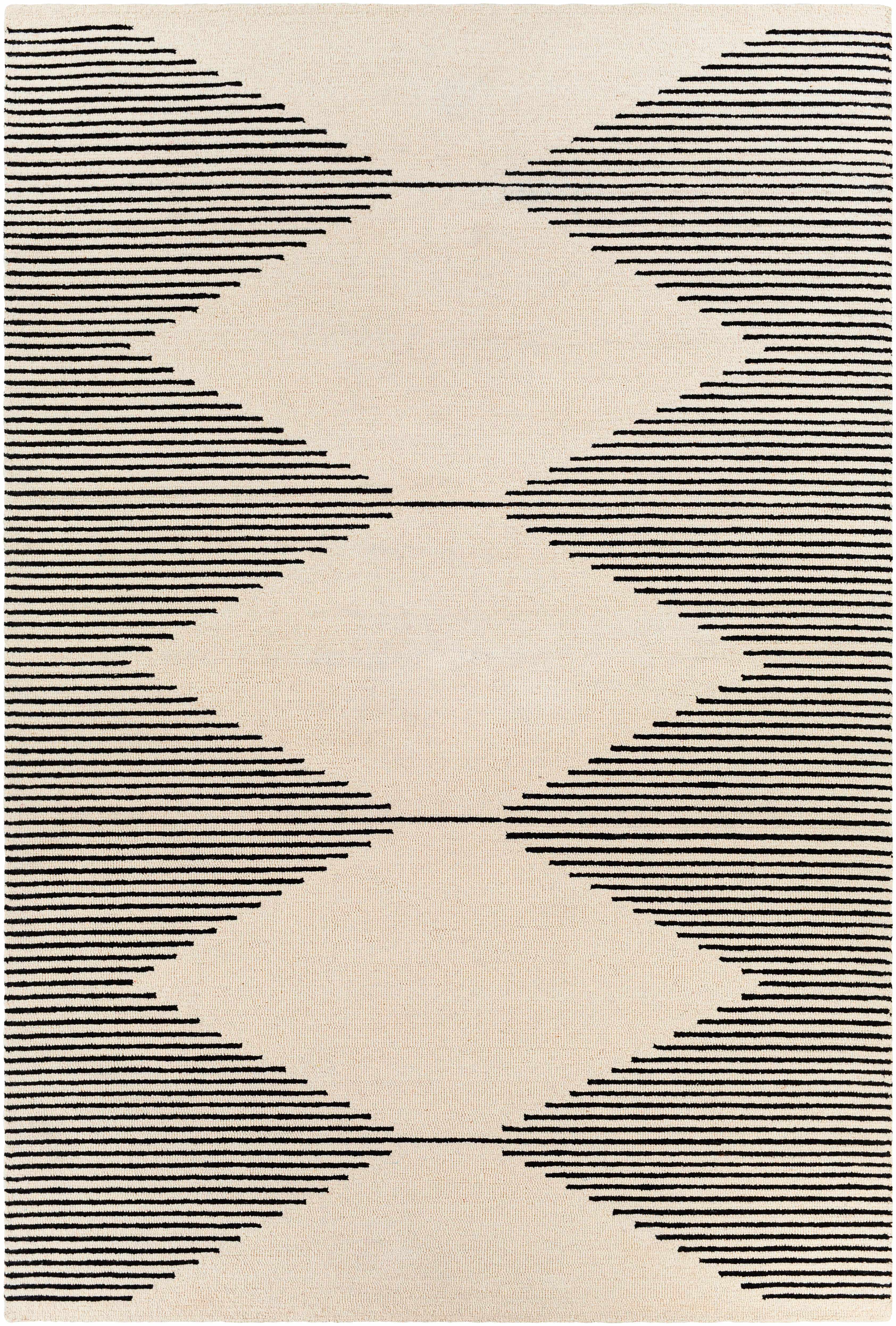 Rug with geometric pattern of black lines on a beige background