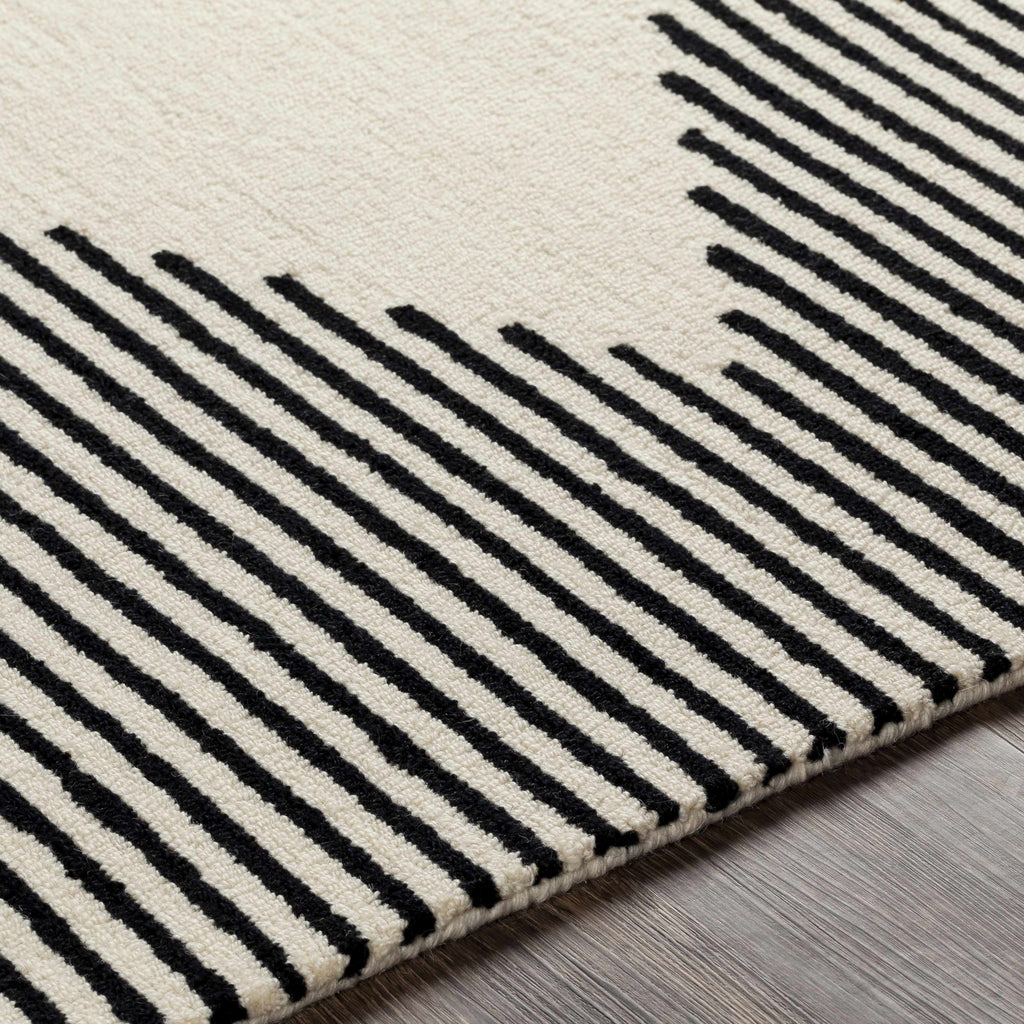 Close-up of a rug with black and white striped pattern on a wooden floor.