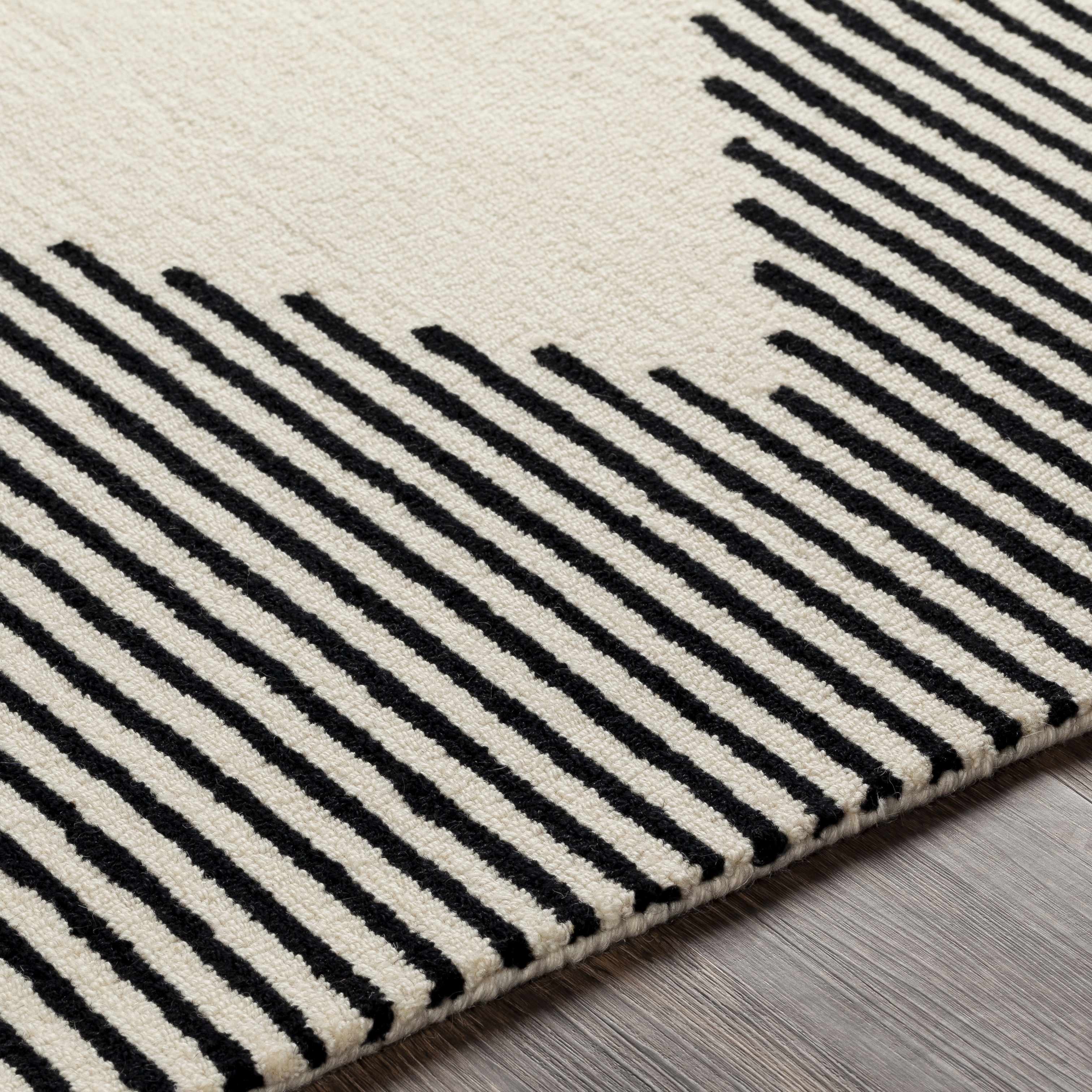 Close-up of a rug with black and white striped pattern on a wooden floor.
